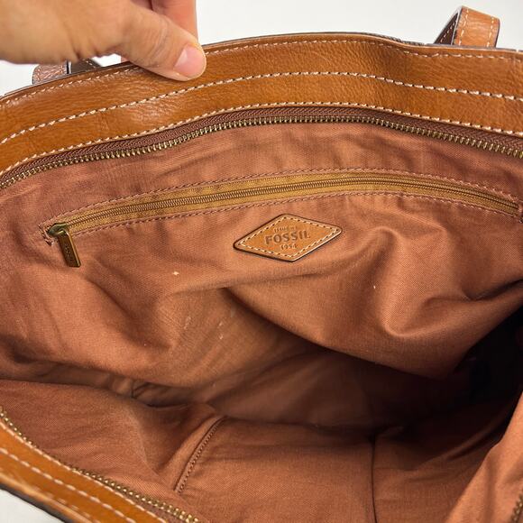 Fossil Emma Leather Tote Handbag Caramel Brown Large Capacity Laptop Zip Top - Picture 13 of 16